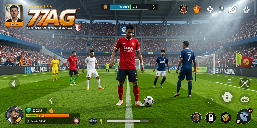 Screenshot gameplay 77AG yang menunjukkan aksi di lapangan sepak bola.