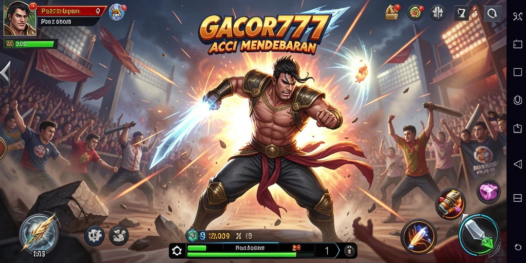 Screenshot GACOR777 menunjukkan aksi pertarungan epik antara karakter.