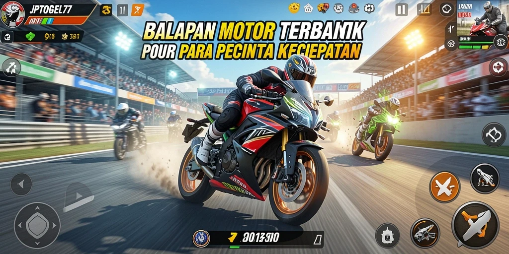 Screenshot gameplay JPTOGEL77 menampilkan aksi balapan motor yang seru.