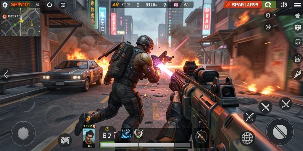 Tampilan gameplay mendebarkan dalam SPIN101 dengan aksi tembak-menembak intens.