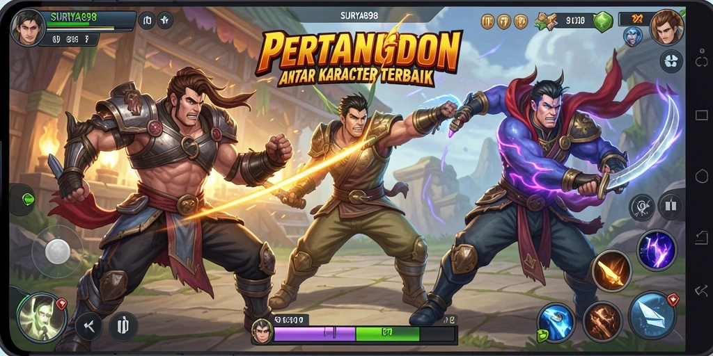 Screenshot gameplay <strong>SURYA898</strong> yang menunjukkan pertarungan karakter dengan efek visual yang menakjubkan.